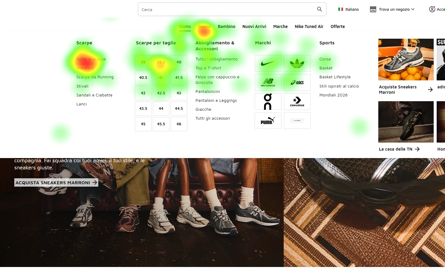 Heatmap del mega-menu di navigazione di un e-commerce: l'attenzione si concentra sulla ricerca, sulle categorie principali e sulla selezione della taglia, mentre le altre voci del menu ricevono uno sguardo più diffuso.