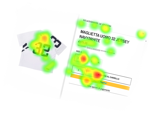 Heatmap di eye-tracking su una pagina prodotto e sul carrello: le zone calde mostrano dove si concentra e dove si perde l'attenzione dell'utente prima dell'acquisto