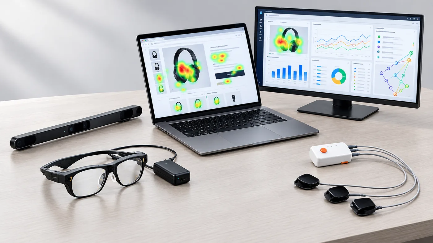 Strumenti di eye-tracking e neuromarketing: occhiali e barra eye-tracker, laptop e monitor con dashboard di heatmap, sensori biometrici indossabili.